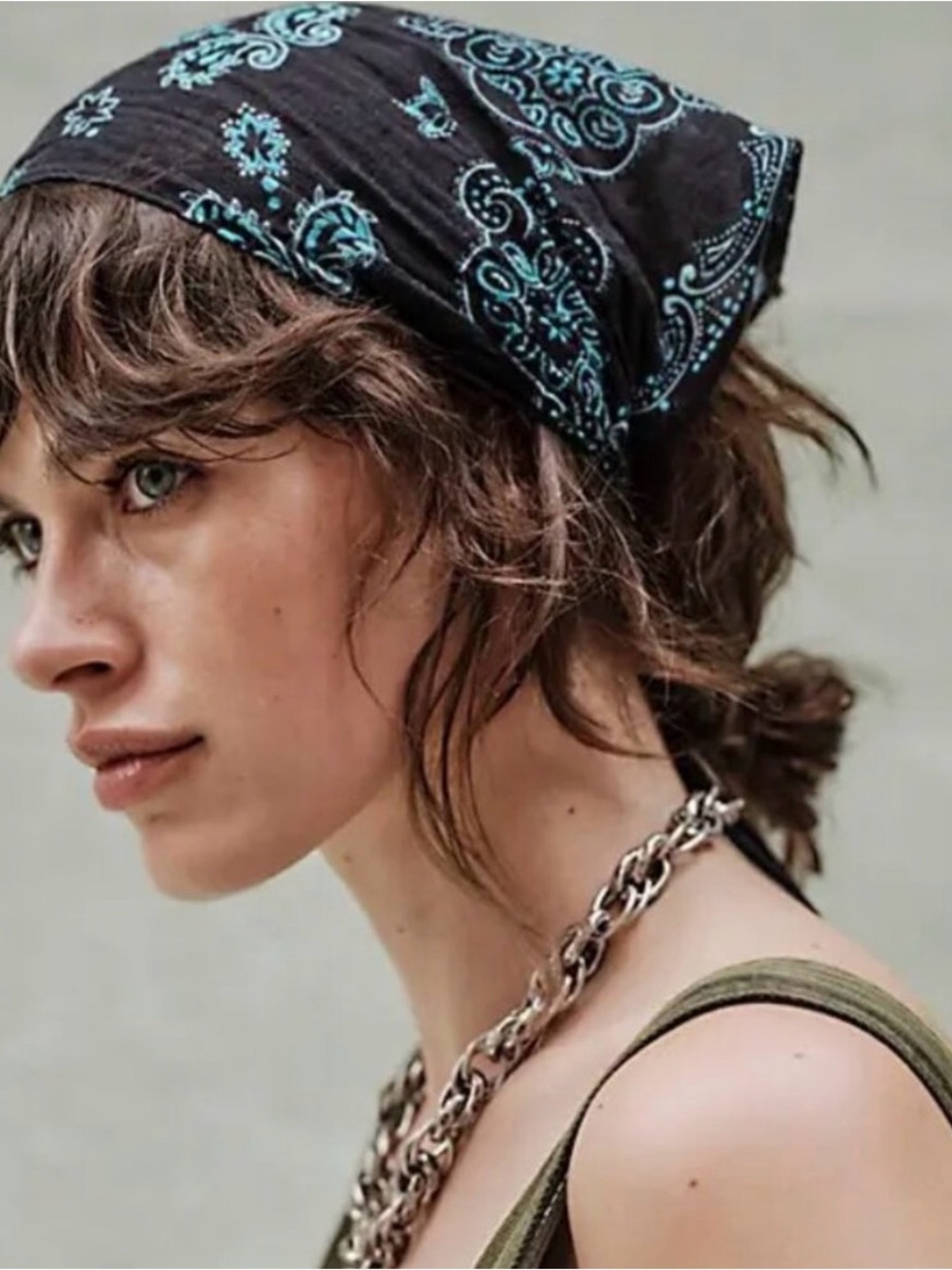 Free People Black Bandana Headscarf with Teal Paisley Print